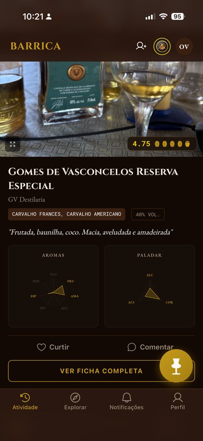 Tela do Barrica: degustação da Reserva Especial com nota e perfil sensorial